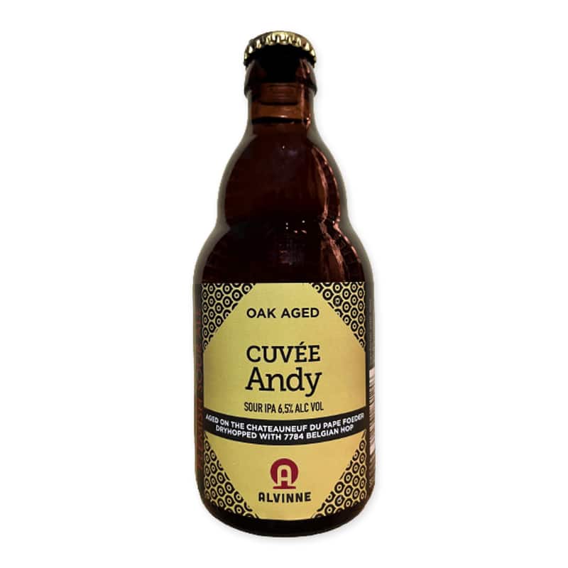 Cuvée Andy is a wood-aged sour IPA of 6.5% from Alvinne. Funky, hoppy, and fresh with locally grown hops.