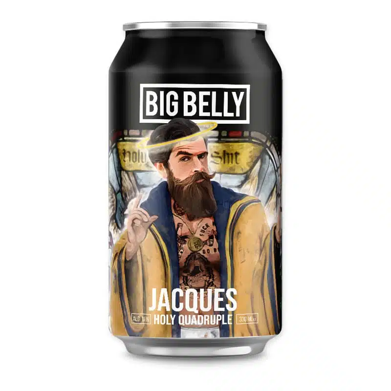 Jacques Holy Quadruple of Big Belly is a powerful, dark beer with flavors of figs, caramel, and candied sugar.
