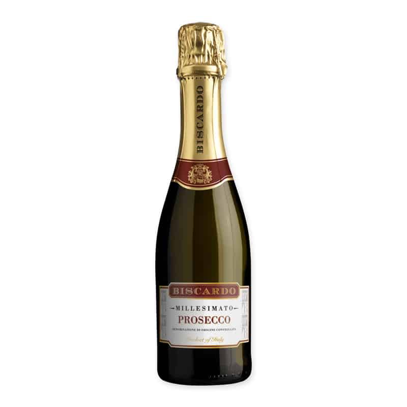 Biscardo Prosecco Spumante 0.375l from Veneto. Fine bubbles, apple and peach blossom. Dry, fresh, and elegant.