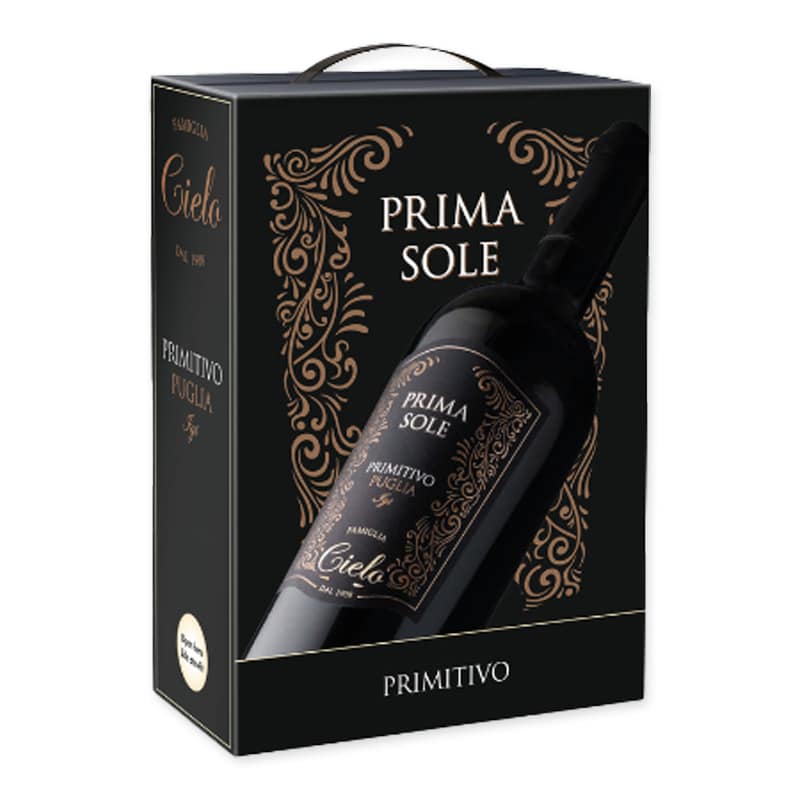 Cielo Primasole Primitivo in 3L BiB. Powerful red from Puglia with a 4.0 Vivino score. Long-lasting, full of flavor, excellent value for money.