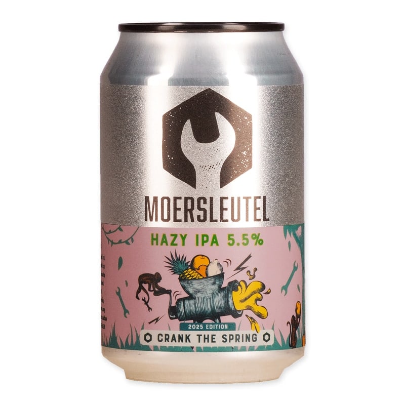Moersleutel Crank the Spring is a hazy IPA with mango, passion fruit, and coconut. Fresh, tropical, and perfect for spring.