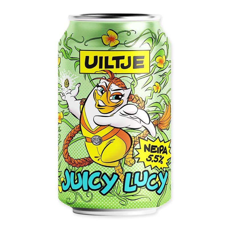 Uiltje Juicy Lucy is a NEIPA with mango, pineapple, and passion fruit. Hazy, fruity, and silky smooth with 5.5% alcohol.